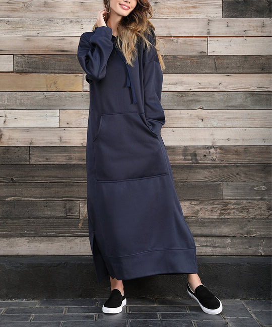Damen nan langes Kapuzen-Sweatkleid mit Kängurutasche, Seitenschlitzen und lockerer Oversize-Passform EB