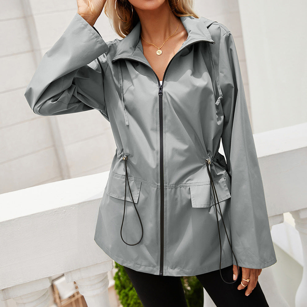 Damen leichte Regenjacke mit Kapuze und verstellbarem Bund EB