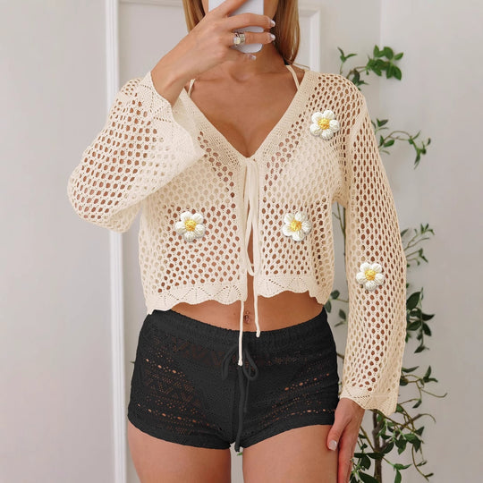 Damen leichte Häkeljacke mit floralem Detail EB
