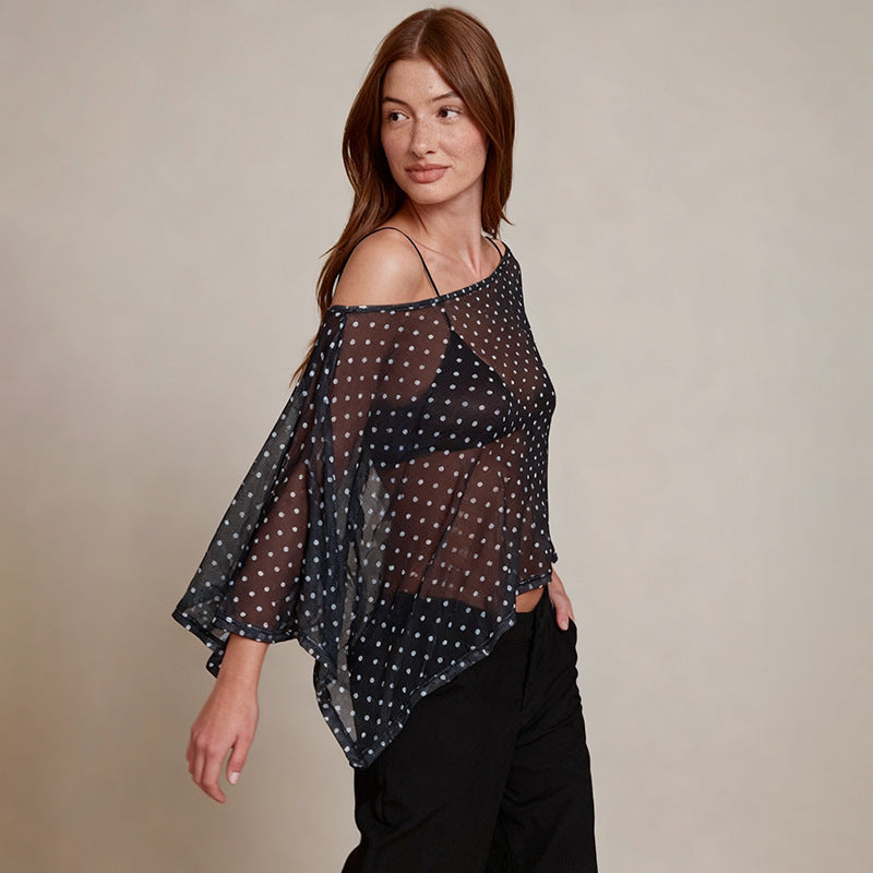 Damen transparentes Oberteil mit asymmetrischem Schnitt und Polka-Dots EB