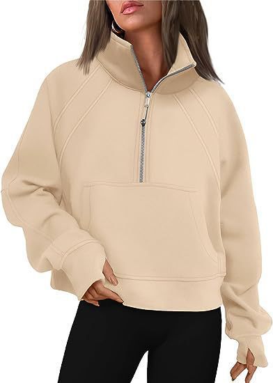 Damen kuscheliger Half-Zip Pullover mit Kapuze und Kängurutasche EB