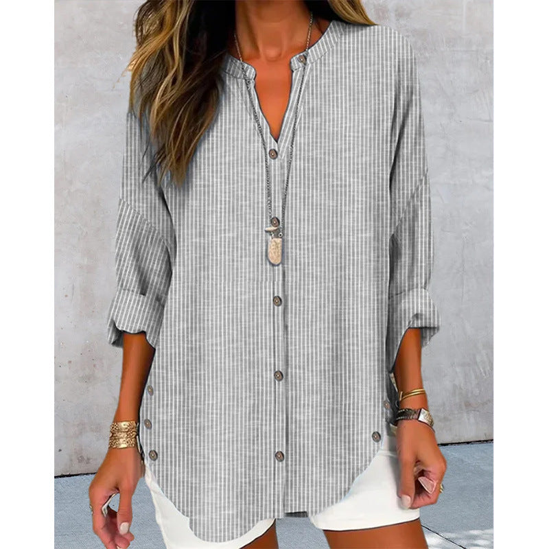 Damen Langarm Blusenshirt mit Knopfleiste und asymmetrischem Saum EB