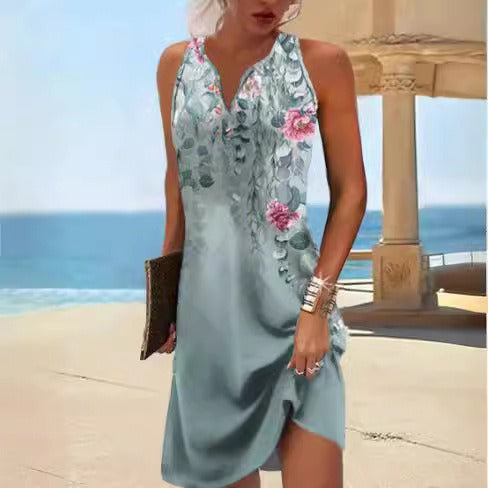 Damen, lässiges Sommerkleid mit V-Ausschnitt und asymmetrischem Saum EB