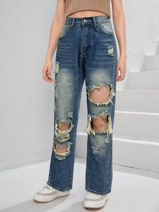 Damen lässige Destroyed Jeans mit weitem Bein und trendigen Rissdetails EB