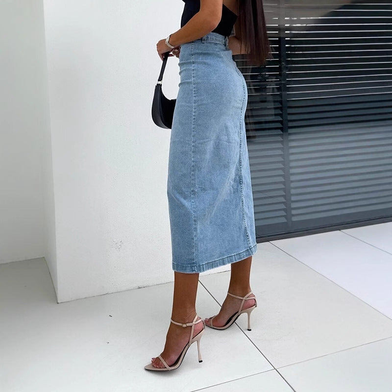 Damen Denim-Midirock mit seitlichem Schlitz und Knopfdetails EB