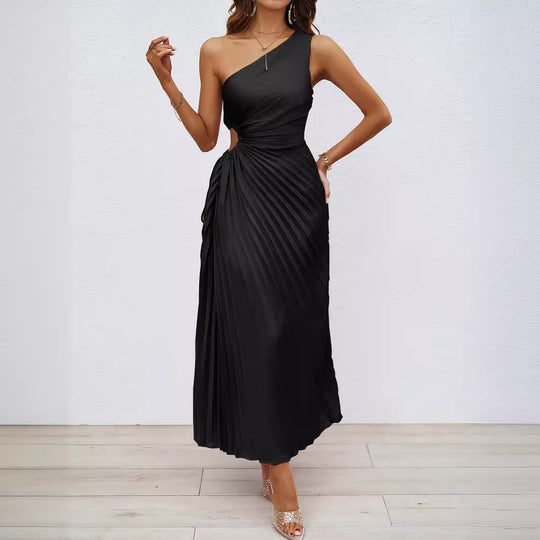 Damen Plissiertes Maxikleid mit asymmetrischem Schnitt und eleganter Drapierung EB