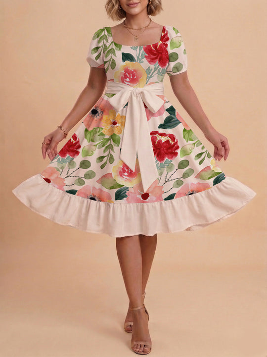 Damen A-Linien-Kleid mit floralen Motiven und taillierbarem Gürtel EB