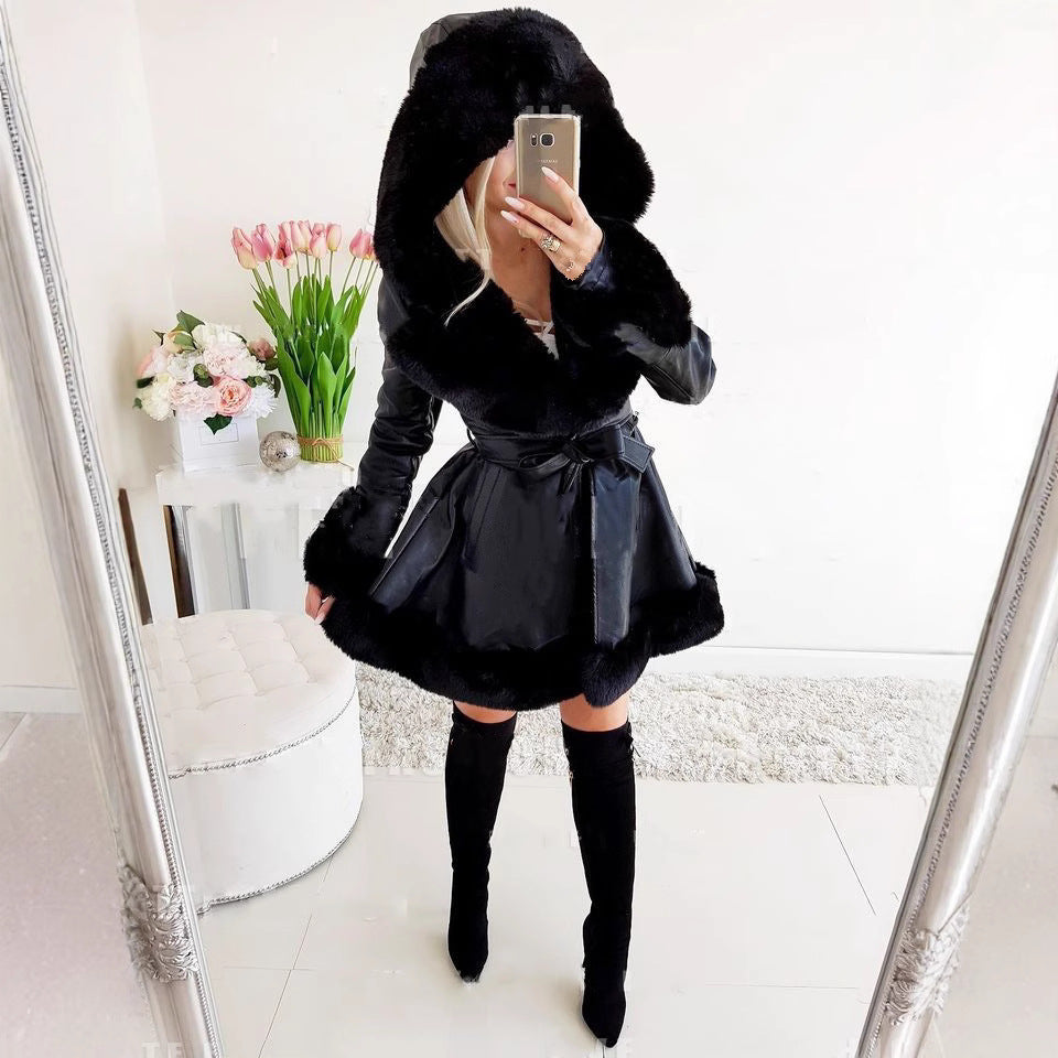 Damen modische Kunstlederjacke mit Teddyfutter EB