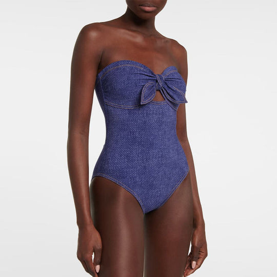 Damen Bandeau Badeanzug mit dekorativen Schleifen und gestreiftem Maxiröckchen EB