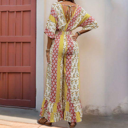 Damen Maxi-Jumpsuit mit floralen Mustern und voluminösen Ärmeln EB