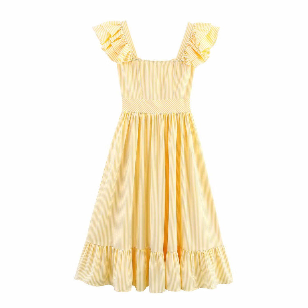 Damen Maxikleid mit voluminösem Rüschen-Design und Knopfverschluss EB