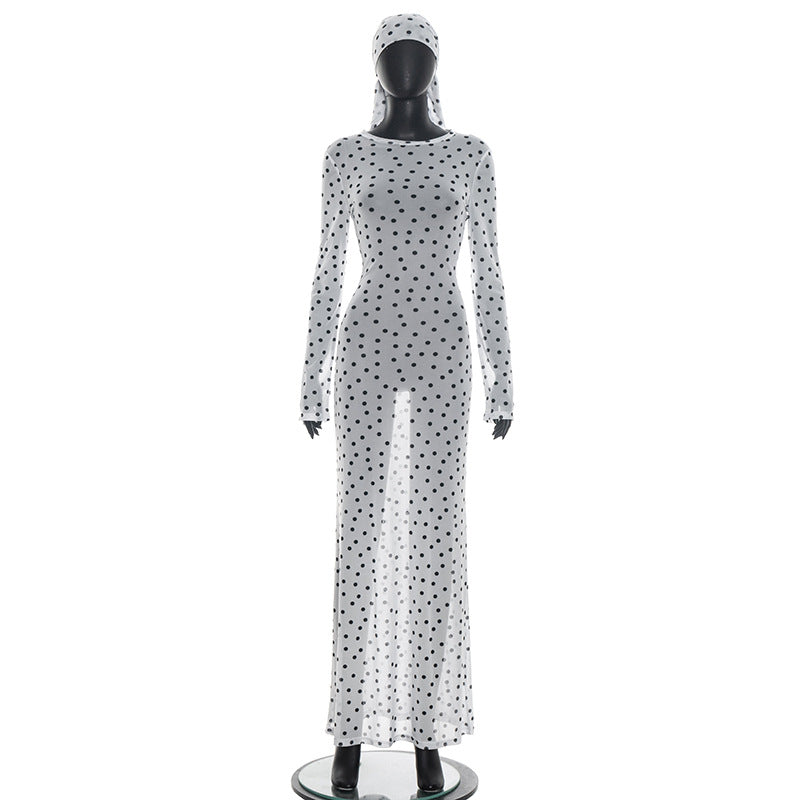 Damen transparentes Langarmkleid mit modischem Punktmuster EB