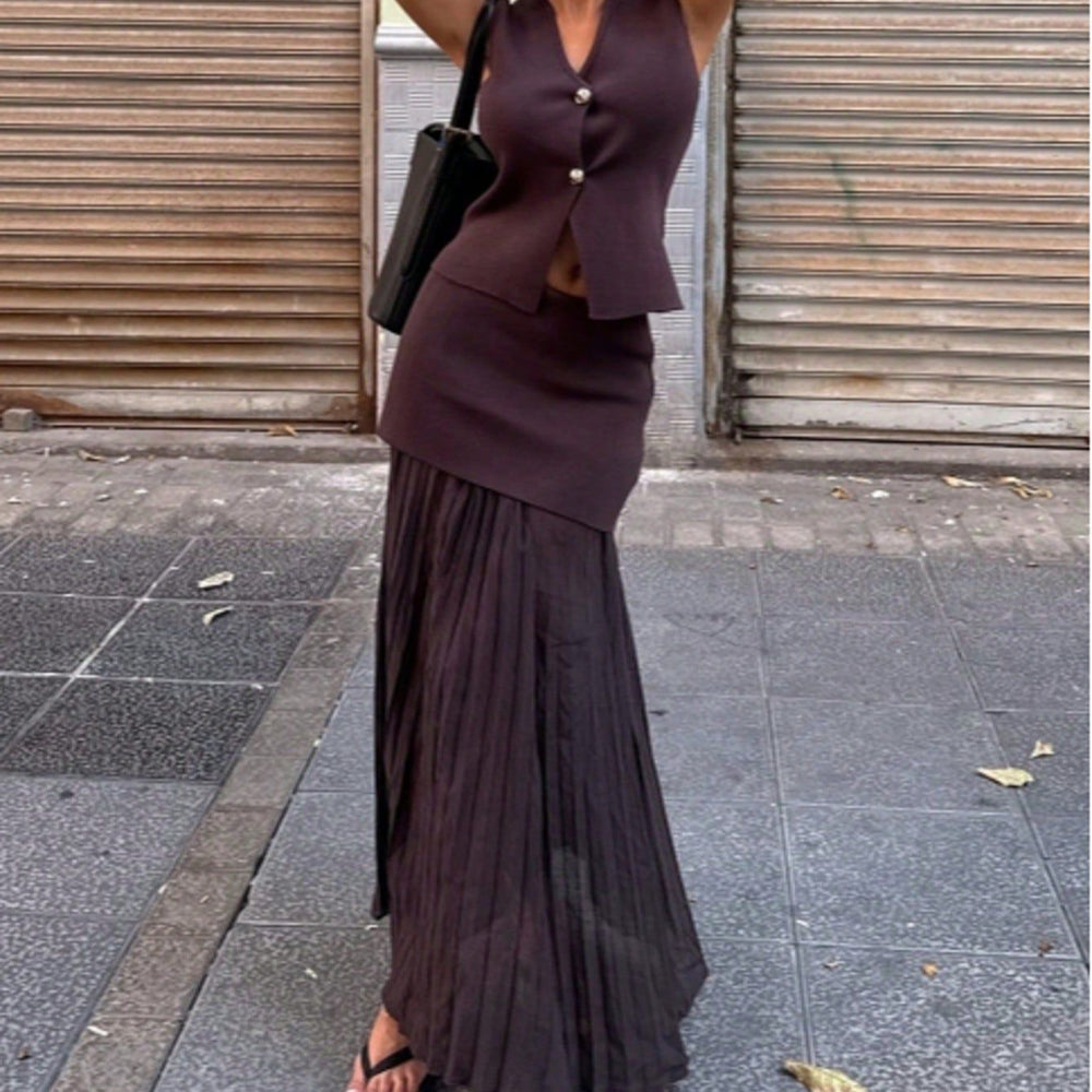 Damen elegantes Strick-Set mit asymmetrischem Rock und ärmelloser Weste EB