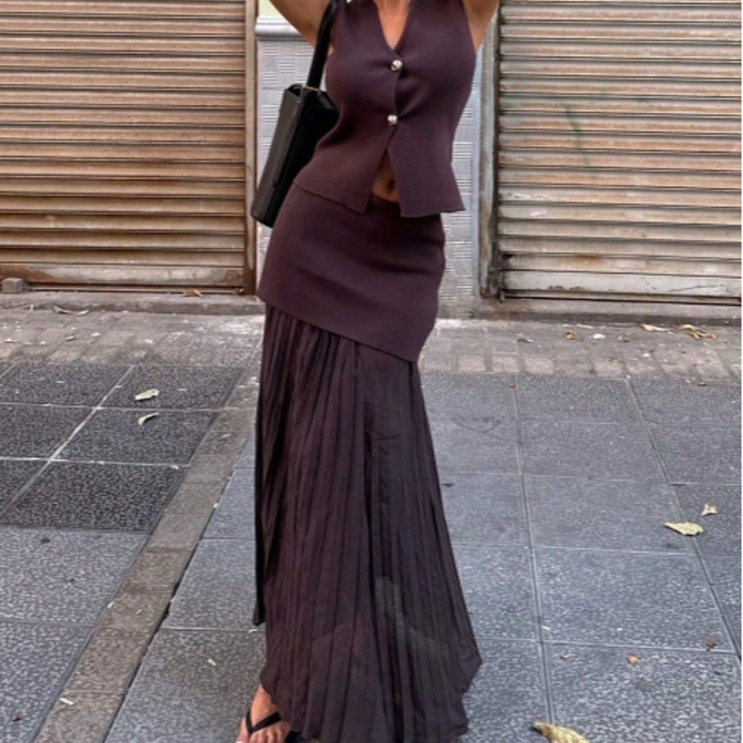 Damen elegantes Strick-Set mit asymmetrischem Rock und ärmelloser Weste EB