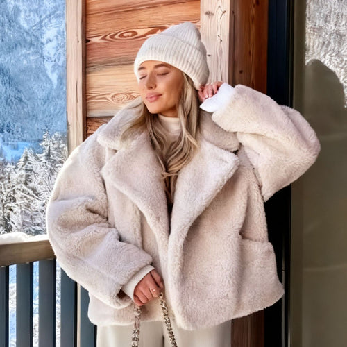 Damen nan kurzes Teddy-Fleece Blouson mit Reverskragen, wattiertem Innenfutter und Eingrifftaschen EB
