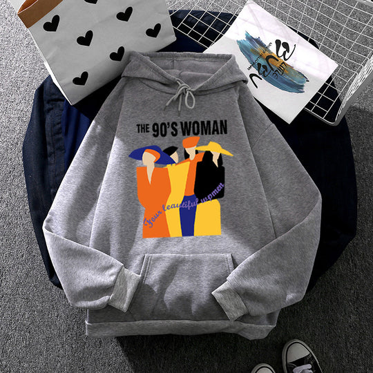 Damen nan weit geschnittener Kapuzenpullover mit Neunzigerjahre-Illustrationsprint, angerautem Fleece und Kängurutasche EB