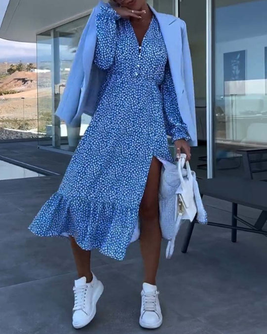 Damen Freizeitkleid mit Rüschensaum und Knopfdetails Heidi-Mode