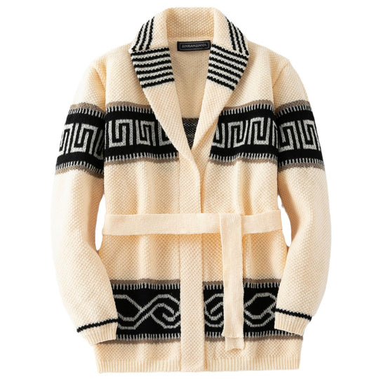 Damen Modische Strickjacke mit Gürtel und geometrischem Muster EB