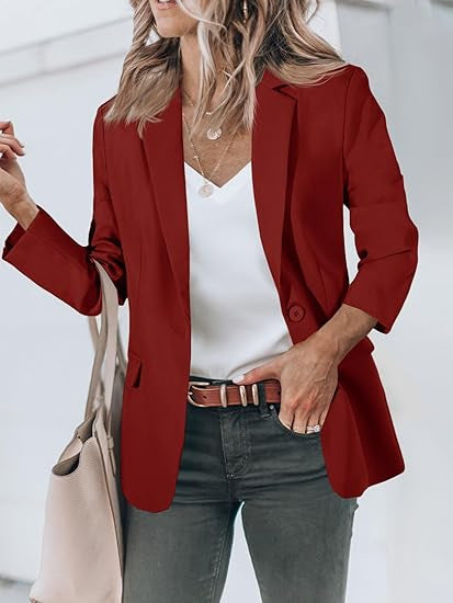 Damen Leichter Stretch-Blazer mit Schalkragen, Ein-Knopf-Verschluss und dreiviertelärmeln EB