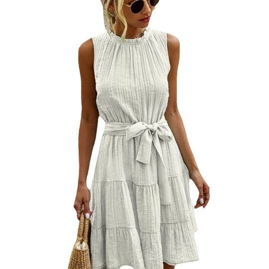 Damen luftiges Sommerkleid mit tailliertem Bund und Rüschendetails EB