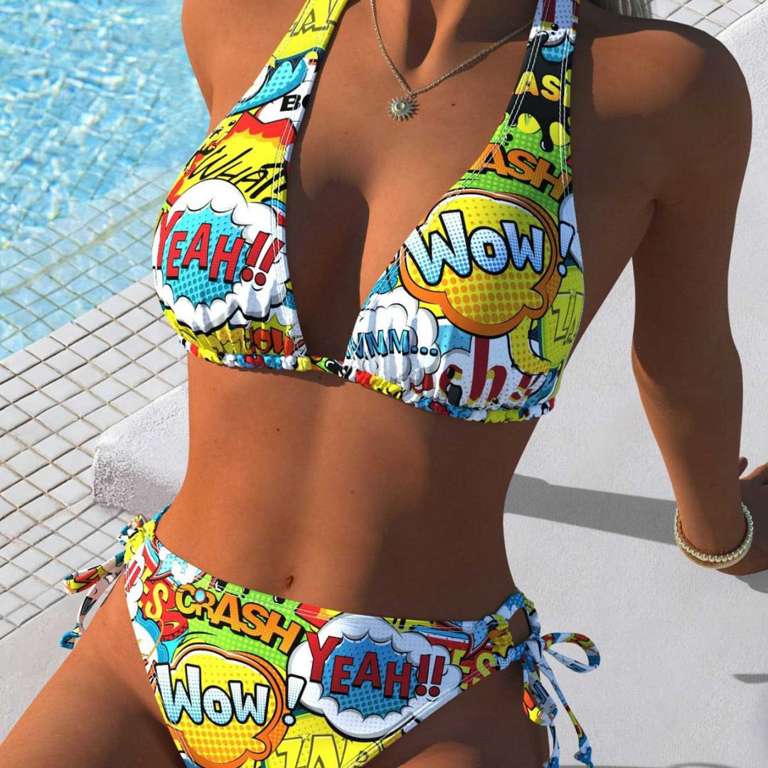 Damen Triangel-Bikini mit kreativem Comic-Print und verstellbaren seitlichen Bindebändern EB