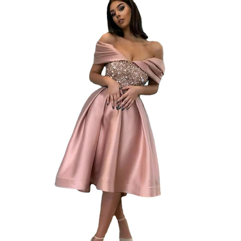Damen Glamouröses Abendkleid mit schimmerndem Oberteil und Flügelärmeln EB