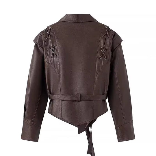 Damen Kunstlederjacke mit edlem Bindegürtel und raffinierten Schnürdetails EB