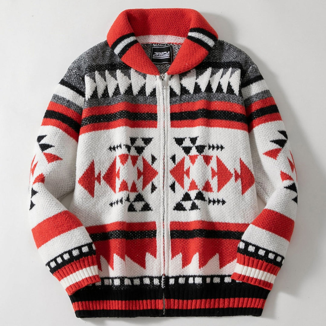 Herren Strickjacke mit geometrischem Muster und hoher Kragen EB