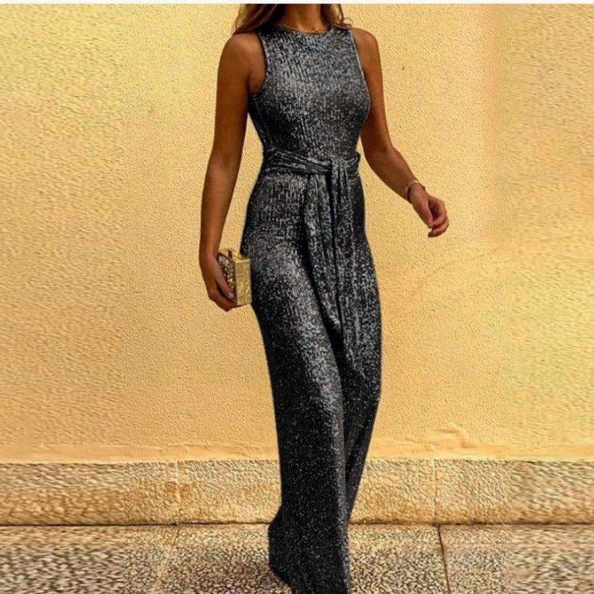 Damen Glitzerndes Maxi-Kleid mit Taillengürtel und elegantem Schnitt EB
