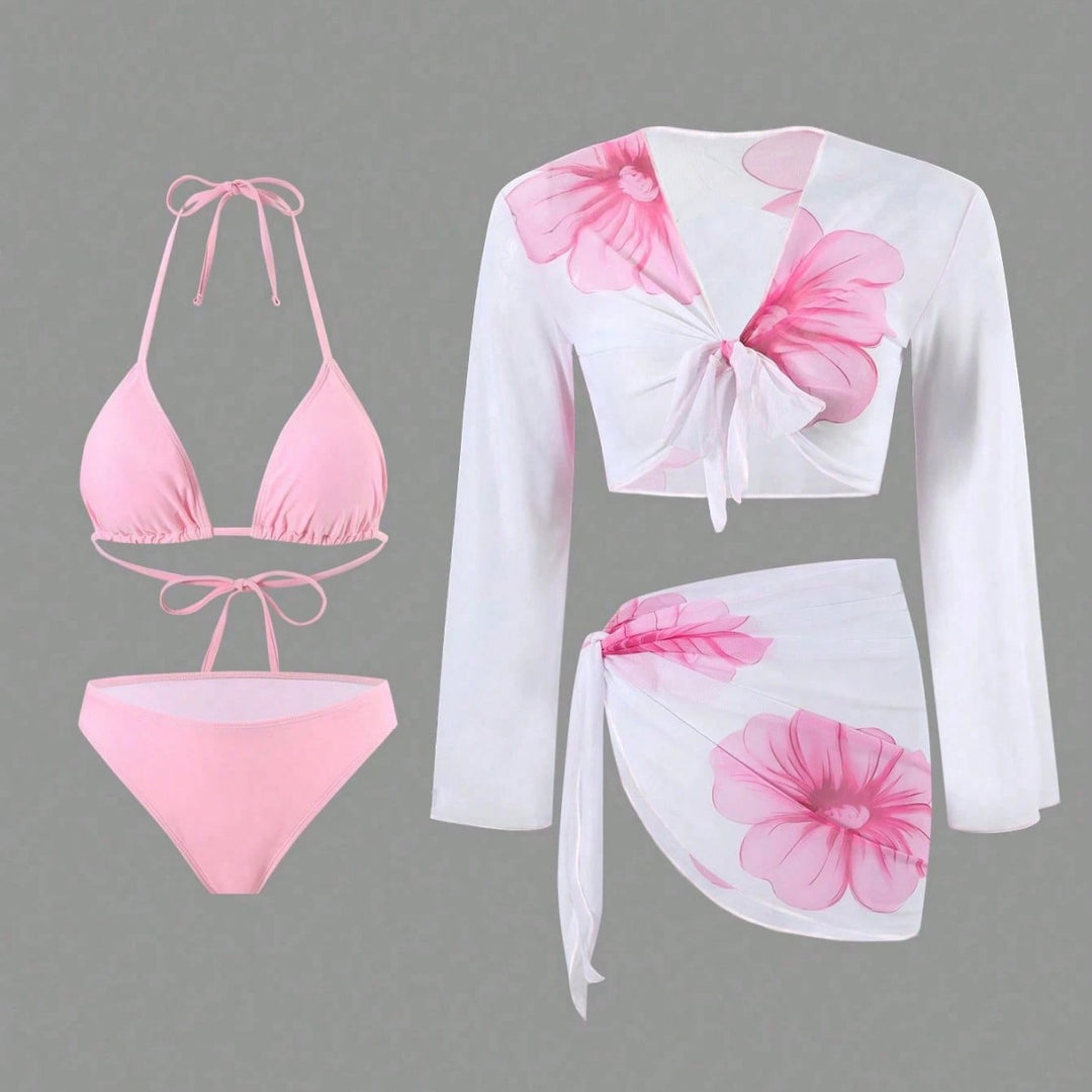 Damen Bikiniset mit floralem Wickeloberteil und hoch geschnittener Hose EB