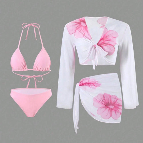 Damen Bikiniset mit floralem Wickeloberteil und hoch geschnittener Hose EB