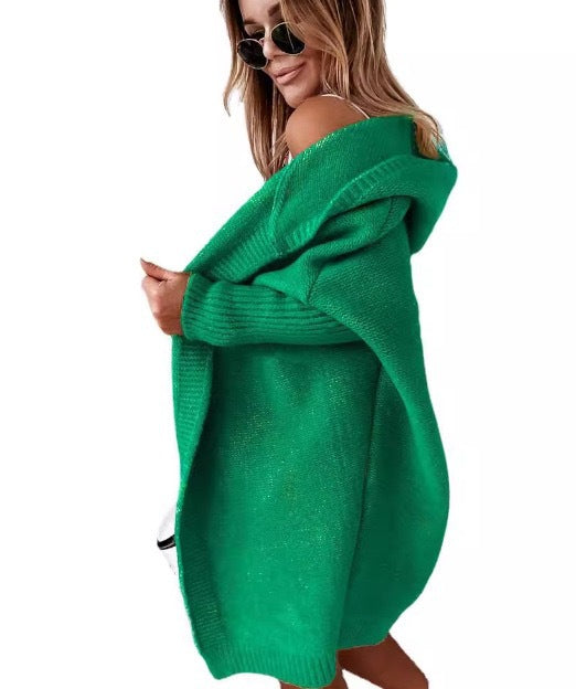 Damen gemütlicher Strickcardigan mit Kapuze und weit geschnittenen Ärmeln EB
