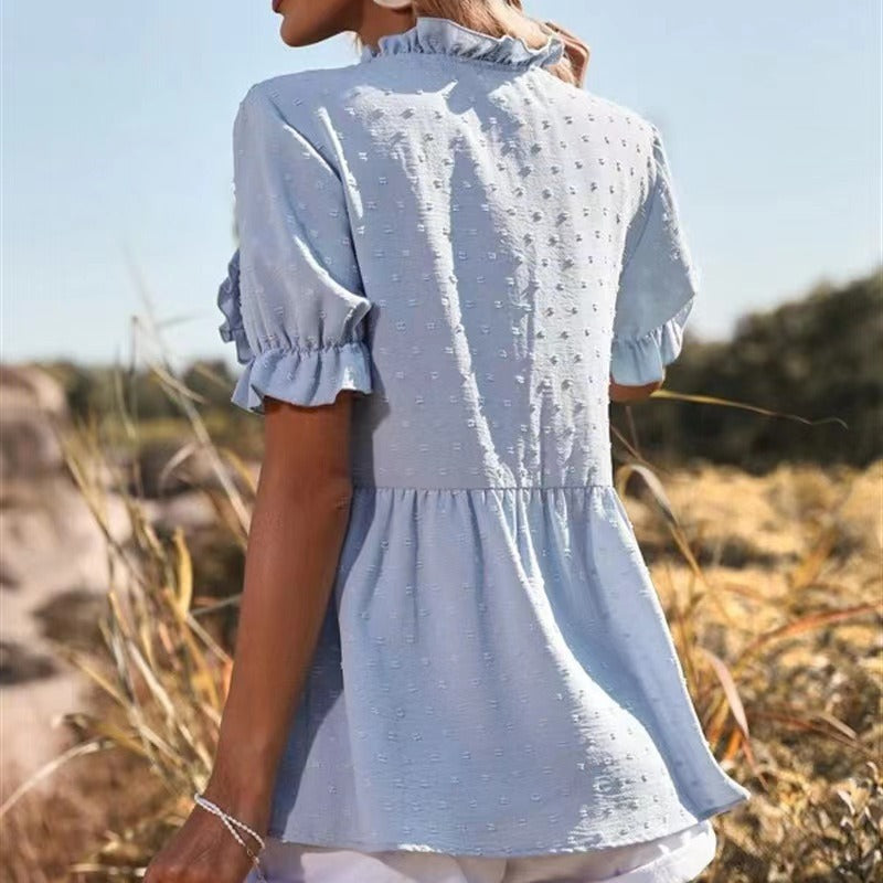 Damen luftige Bluse mit Rüschendetails und V-Ausschnitt EB