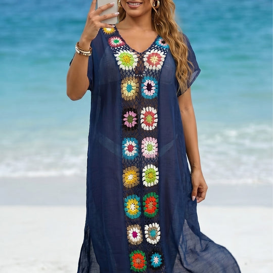 Damen Häkel-Strandkimono mit floralem Patchwork-Design EB