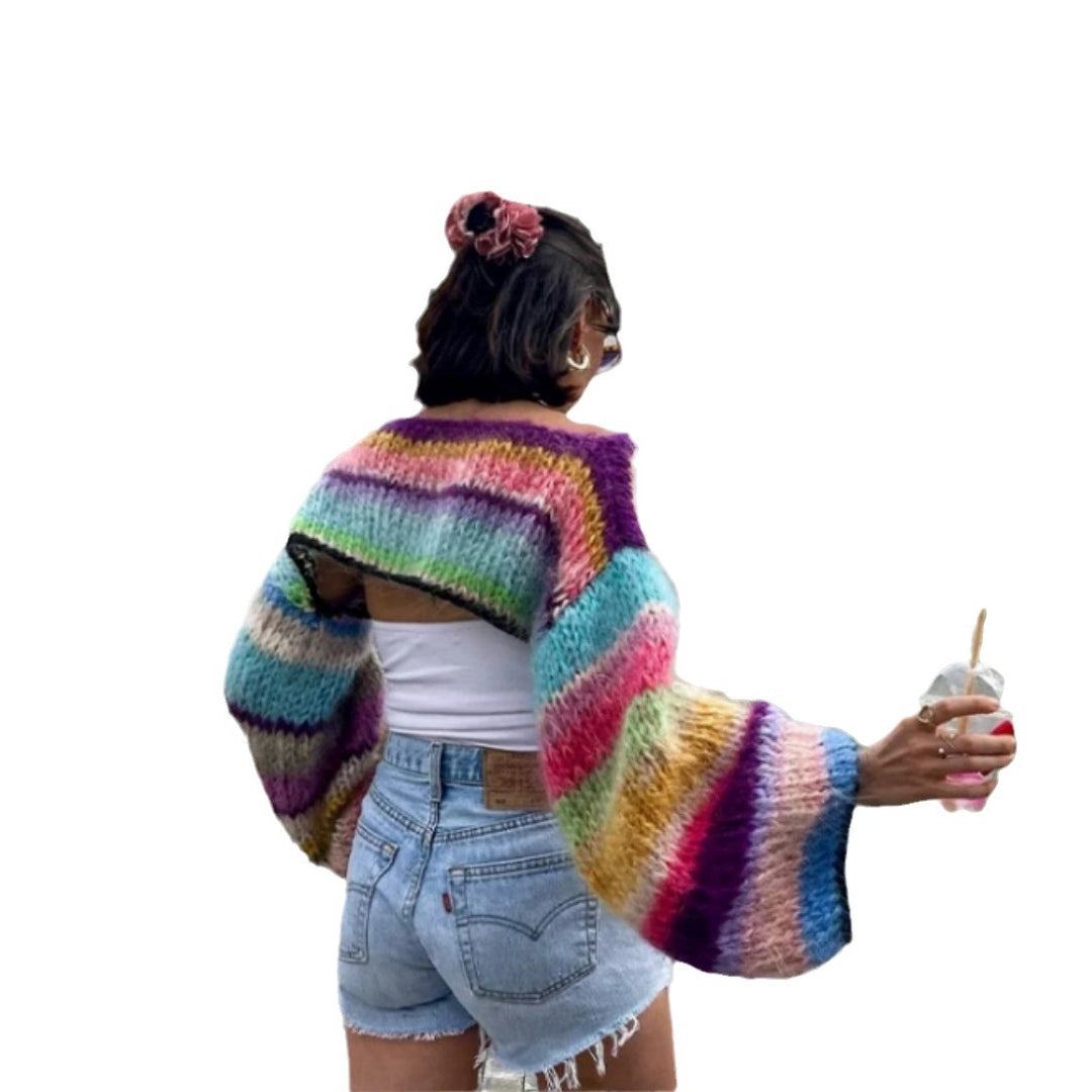 Damen Strickpullover im bunten Design mit weiten Ärmeln EB