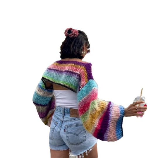 Damen Strickpullover im bunten Design mit weiten Ärmeln EB