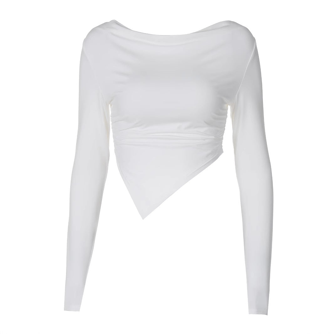 Damen nan asymmetrisches langärmeliges Cropped-Top mit drapiertem Ausschnitt, seitlicher Raffung und spitzem Saum EB