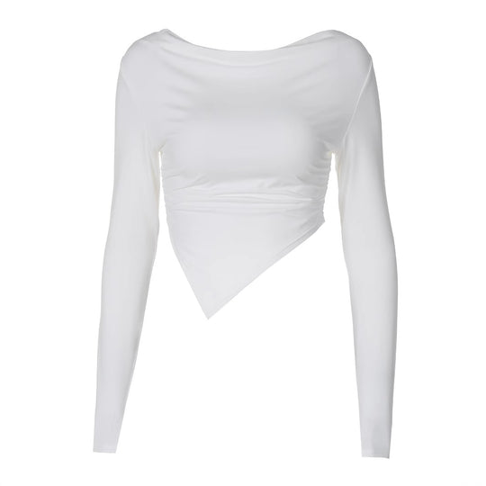 Damen nan asymmetrisches langärmeliges Cropped-Top mit drapiertem Ausschnitt, seitlicher Raffung und spitzem Saum EB