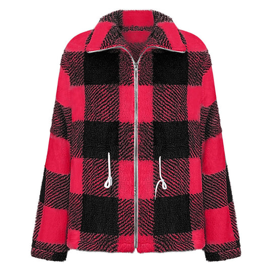 Damen kuschelige Oversize-Jacke mit kariertem Muster EB