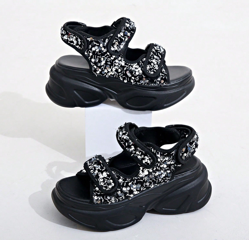 Damen Glamouröse Plateau-Sandalen mit verstellbaren Riemen und funkelnden Applikationen EB