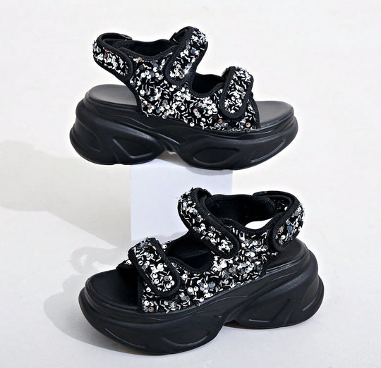 Damen Glamouröse Plateau-Sandalen mit verstellbaren Riemen und funkelnden Applikationen EB