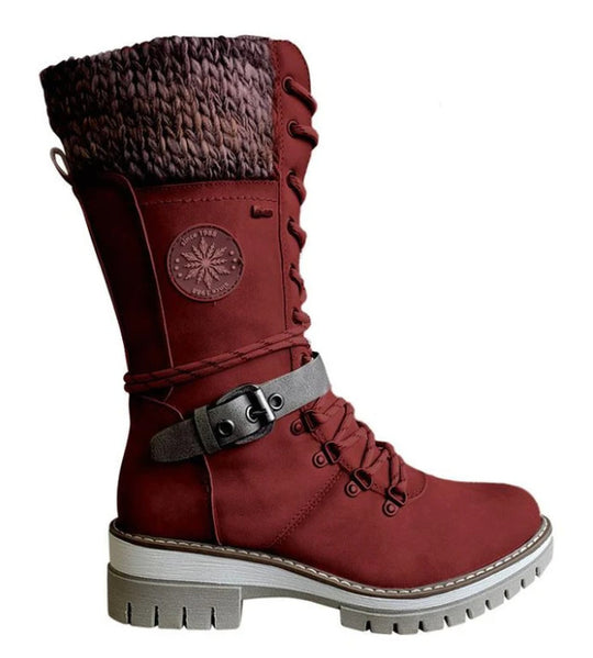 Damen nan gefütterte Schnürstiefel mit gestricktem Schaftbund, dekorativem Schnallenriemen und profilierter Gummisohle EB