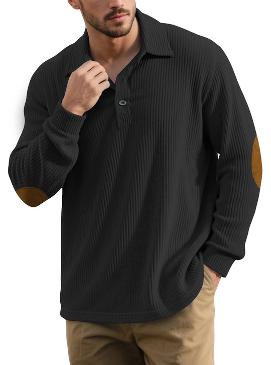 Herren nan gerippter Freizeit-Polo mit Kentkragen, kurzer Knopfleiste und Velours-Ellenbogenpatch EB