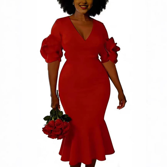 Damen figurbetontes Kleid mit voluminösen Rüschenschultern EB