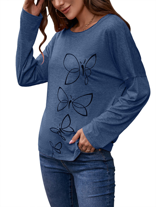Damen lässiges Longsleeve mit Schmetterlingsdruck und weit geschnittenen Ärmeln EB