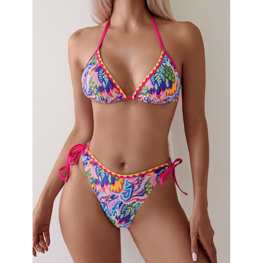 Damen Triangel-Bikini mit verspieltem Muster und verstellbaren Bindebändern EB