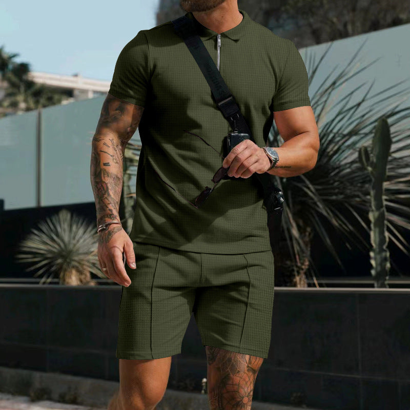 Herren nan sportives Poloshirt- und Chino-Shorts-Set mit halbem Reißverschluss, strukturiertem Jersey und dezenter Bügelfalte EB