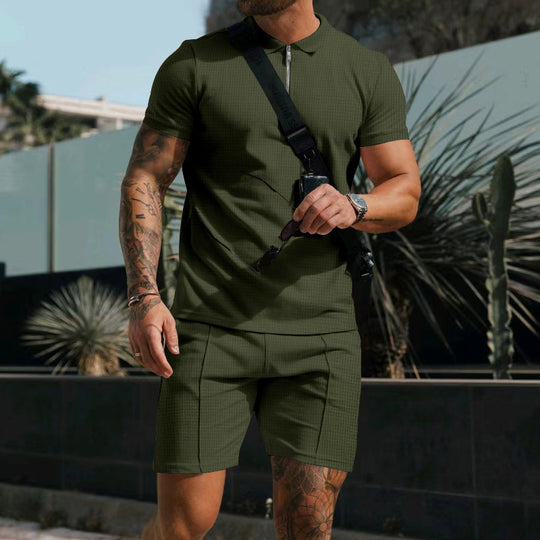 Herren nan sportives Poloshirt- und Chino-Shorts-Set mit halbem Reißverschluss, strukturiertem Jersey und dezenter Bügelfalte EB
