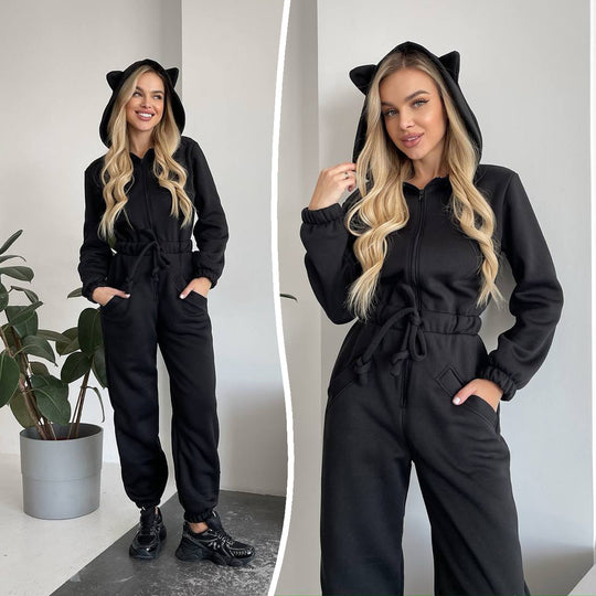 Damen Kuscheliger Kapuzen-Overall mit Katzenohren und Taillenzug EB