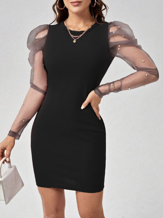 Damen Minikleid mit Tüllärmeln und Perlendetails EB